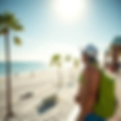 A Canadian tourist enjoying the beach and ocean view at Myrtle Beach, surrounded by palm trees and bright sun