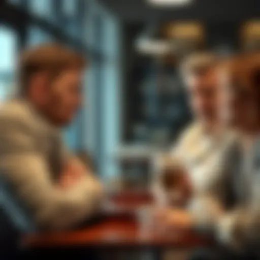 A group of Canadians discussing their concerns about cryptocurrency at a coffee shop, with expressions of skepticism on their faces.