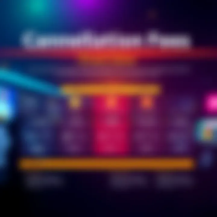 A visual guide showing different cancellation fees and currency exchange rates related to cryptocurrency transactions, with simple graphics illustrating the concepts.