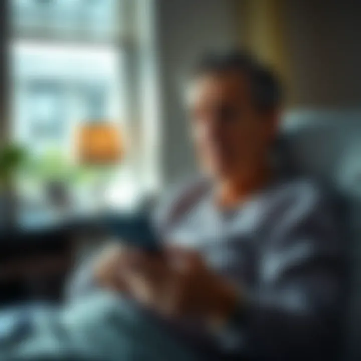 A cancer patient sitting with a concerned expression, holding a phone, symbolizing distress over stolen treatment funds.