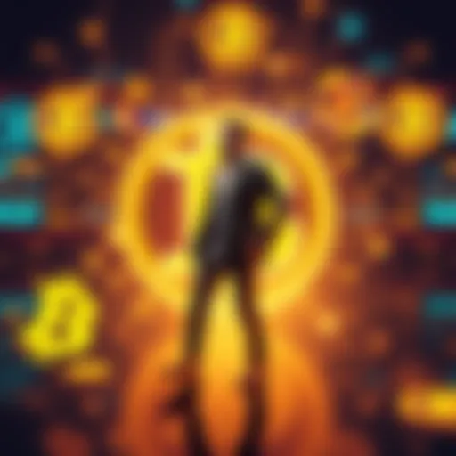 Candidate for Satoshi Nakamoto A professional individual standing confidently, representing the top candidate for Satoshi Nakamoto, with a backdrop of Bitcoin symbols and technology graphics.