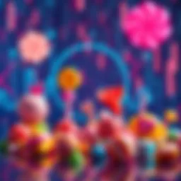 Bright candy-themed collectibles displayed against a digital background representing the Solana blockchain