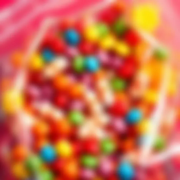 A variety of candy flavors displayed in a bag, showcasing bright colors and different shapes.