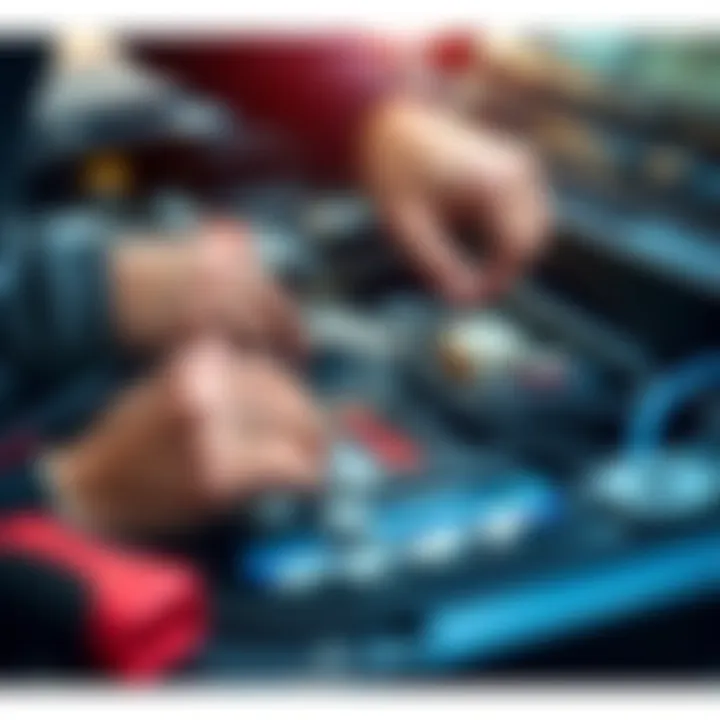 A person replacing a dead car battery, showing tools and a new battery
