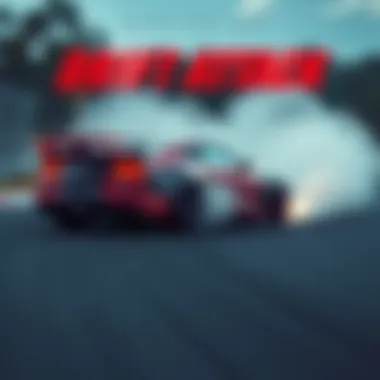 A car drifts around a corner on a racetrack, showing smoke from the tires and an action-packed scene