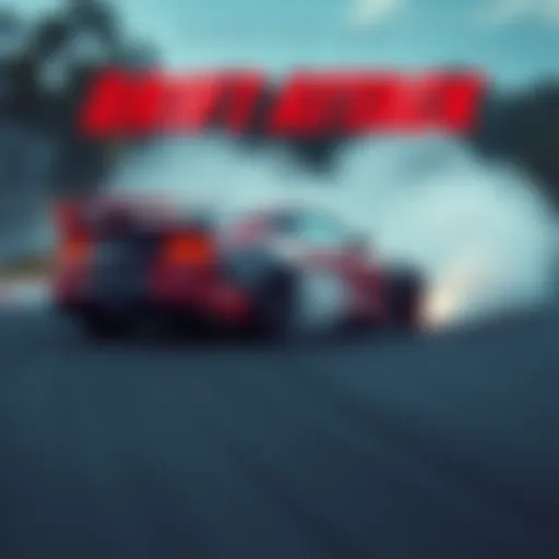 A car drifts around a corner on a racetrack, showing smoke from the tires and an action-packed scene