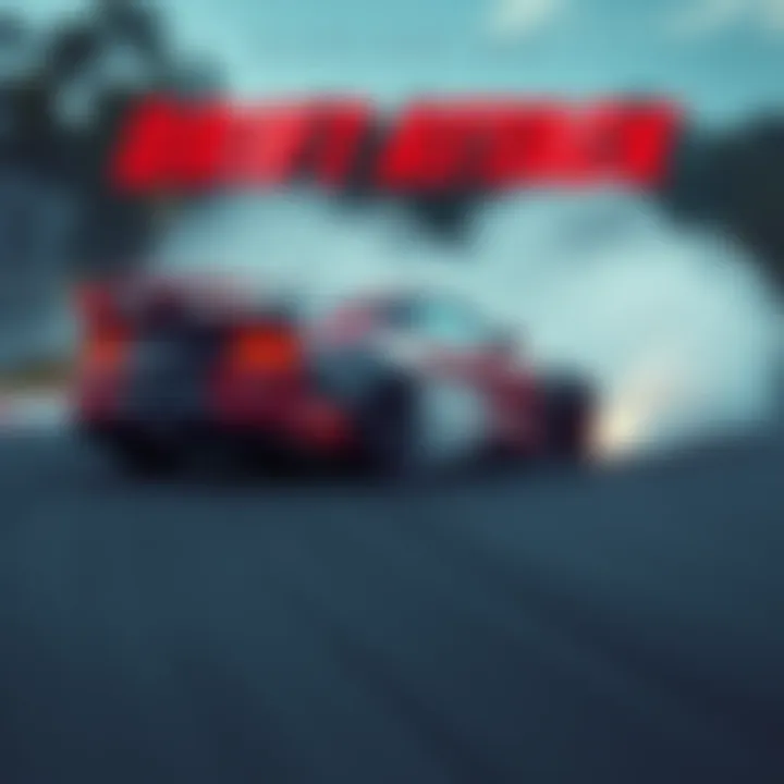 Car drifting on a track A car drifts around a corner on a racetrack, showing smoke from the tires and an action-packed scene