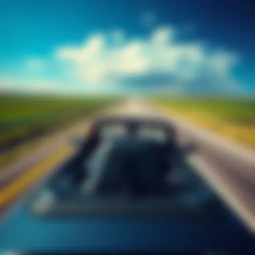 A person driving a car on an open highway, showing no license plate at the back, surrounded by green fields and blue sky.
