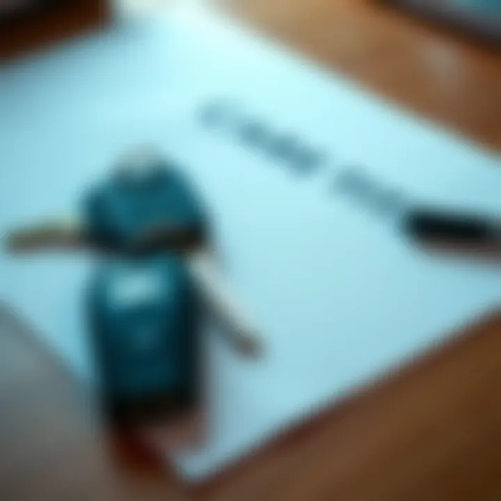 A set of car keys next to car title documents on a wooden desk, symbolizing the process of arranging a car title under a business name.