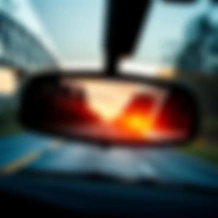 A rearview mirror in a car reflecting a road and trees, illustrating the saying about objects appearing closer than they are