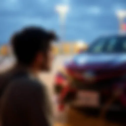 A person looking at a damaged Toyota Camry while contemplating whether to file an insurance claim or pay out of pocket.