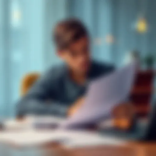 A person sitting at a table, reviewing car accident settlement documents with a concerned expression