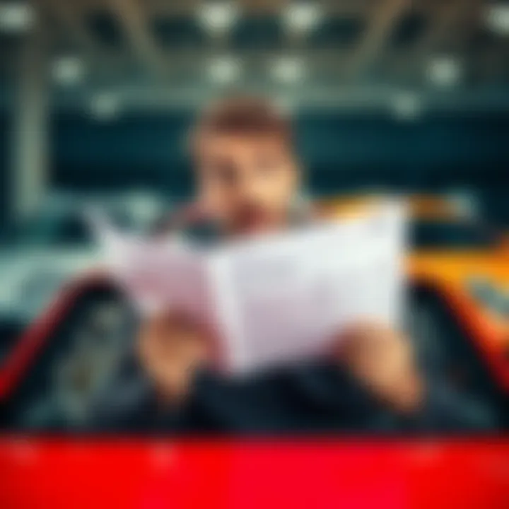 A man looks confused while holding a bill of sale for a Porsche 911 at a car auction, with a car and paperwork in the background.