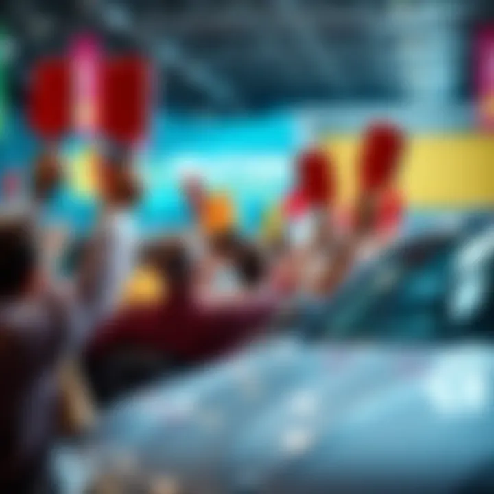 A group of bidders raising paddles at a lively car auction, with various cars on display in the background.