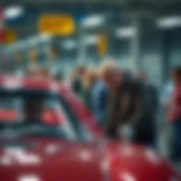 A focused buyer examining a classic car at an auction, surrounded by other interested bidders and auction staff