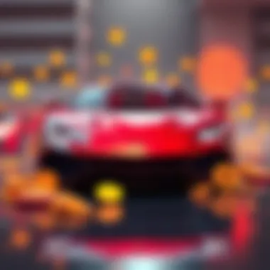 A flashy car surrounded by cryptocurrency symbols representing wealth and investment culture