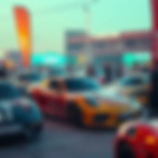 A vibrant community event showcasing various luxury cars and enthusiastic people discussing finance and car culture.