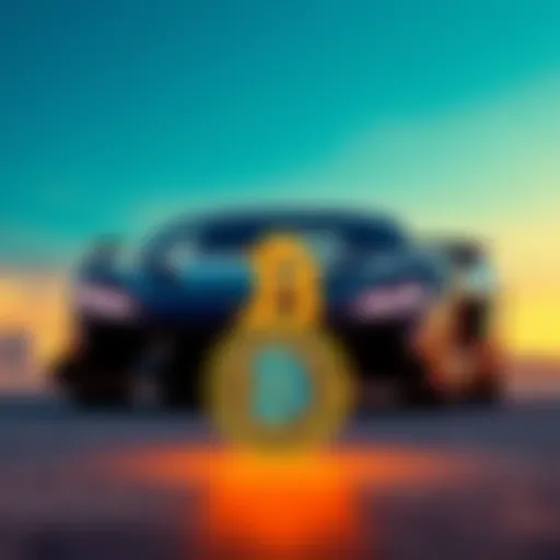 A sleek sports car with a digital currency symbol in the foreground, representing the blend of car culture and crypto investment.