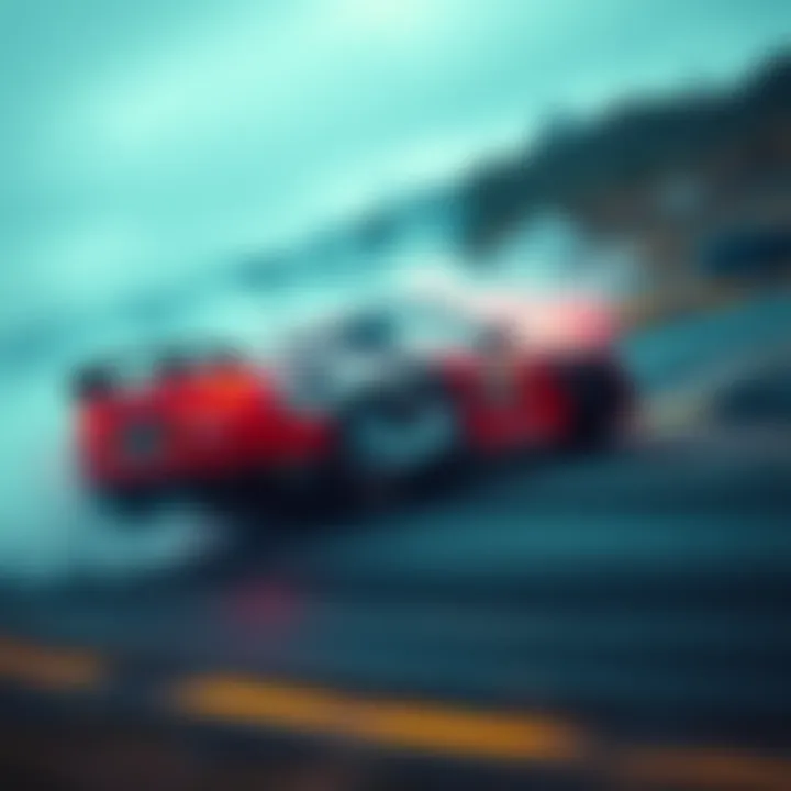 A car skillfully drifting around a curve in a challenging terrain, with smoke billowing from the tires, showcasing the thrill of the Drift Zone.