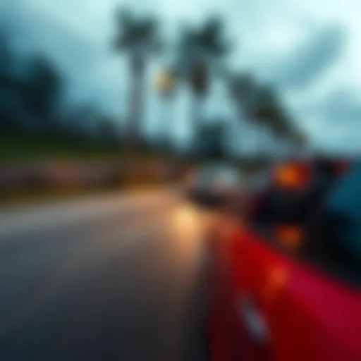 A car speeds past while another is trying to take a perfect photo from the road.