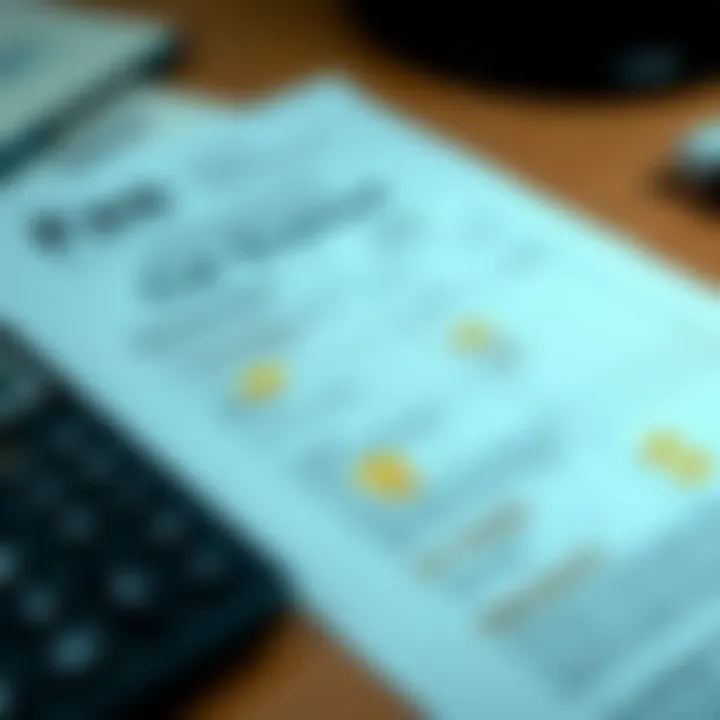 A close-up of a car insurance renewal notice with highlighted fees and a calculator on a desk.