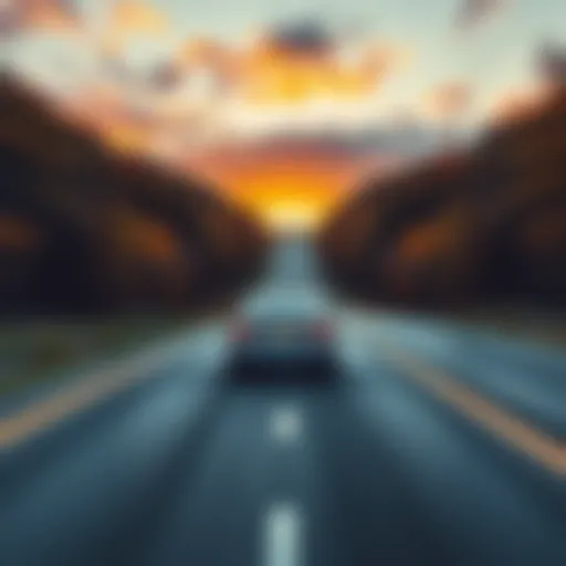 A car driving down a long road with scenery on either side, symbolizing a positive start with no declined offers and miles driven.