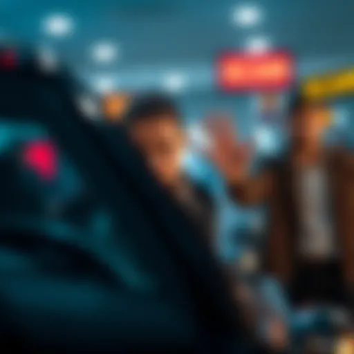 A person looking at a car with a concerned expression, while another person gestures oddly in the background, highlighting potential scam signs.