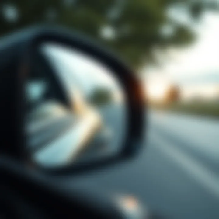 Car side mirror with reflection A close-up of a car's side mirror showing a reflection of the road behind, emphasizing the phrase 'Objects in mirror are closer than they appear'.