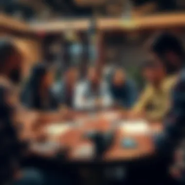 Group of diverse people brainstorming ideas for a new card game on the Algorand platform, with game cards and sketches on a table.