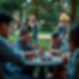 A group of people playing card games at a table in a park, looking stressed due to onlookers.