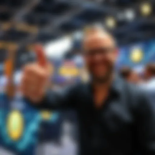 Cardano founder giving a thumbs up to Ergo, symbolizing endorsement as Bitcoin's successor during a crypto event, with a backdrop of digital currency graphics.