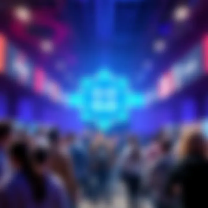 Cardano logo surrounded by people discussing updates and trends in a vibrant forum setting