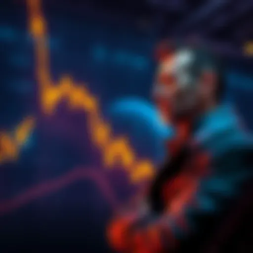 Graph showing Cardano's price dropping to a 5-year low with a worried investor looking on