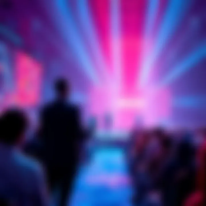 A speaker presenting Cardano's Bitcoin DeFi solutions at a conference with an audience in Las Vegas.