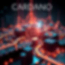 A visual representation of Cardano's blockchain technology with digital graphics illustrating decentralized finance concepts.