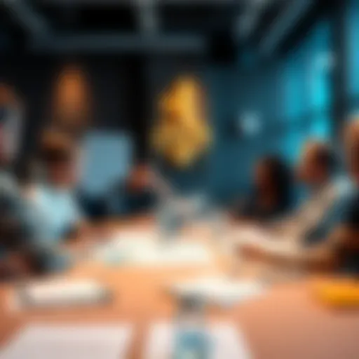 A group of people discussing in a community setting, showing concern over Cardano's governance issues, with charts and notes on a table.