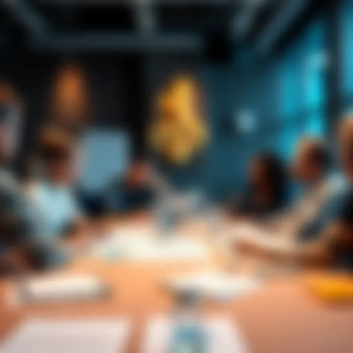 A group of people discussing in a community setting, showing concern over Cardano's governance issues, with charts and notes on a table.