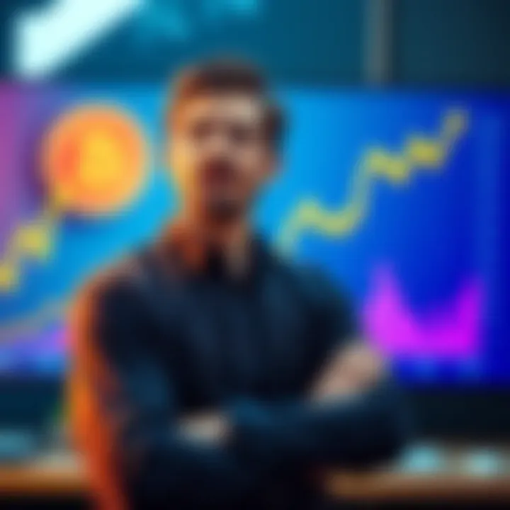 A thoughtful man discussing Bitcoin's potential growth with a graph showing an upward trend on a screen behind him.