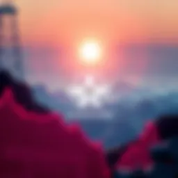 A digital representation of Cardano's logo with a backdrop of declining graphs and a bright horizon, symbolizing challenges and future growth.