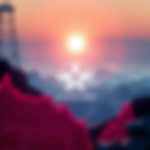 A digital representation of Cardano's logo with a backdrop of declining graphs and a bright horizon, symbolizing challenges and future growth.