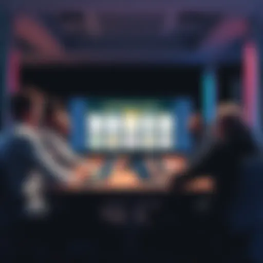 Cardano governance discussion A group of diverse people engaged in a serious discussion, with a digital board displaying governance ideas related to Cardano. They are sitting around a table with laptops and notes, showing a collab...