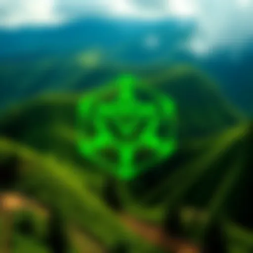 The Cardano logo in front of a green landscape, symbolizing environmental impact and technology.
