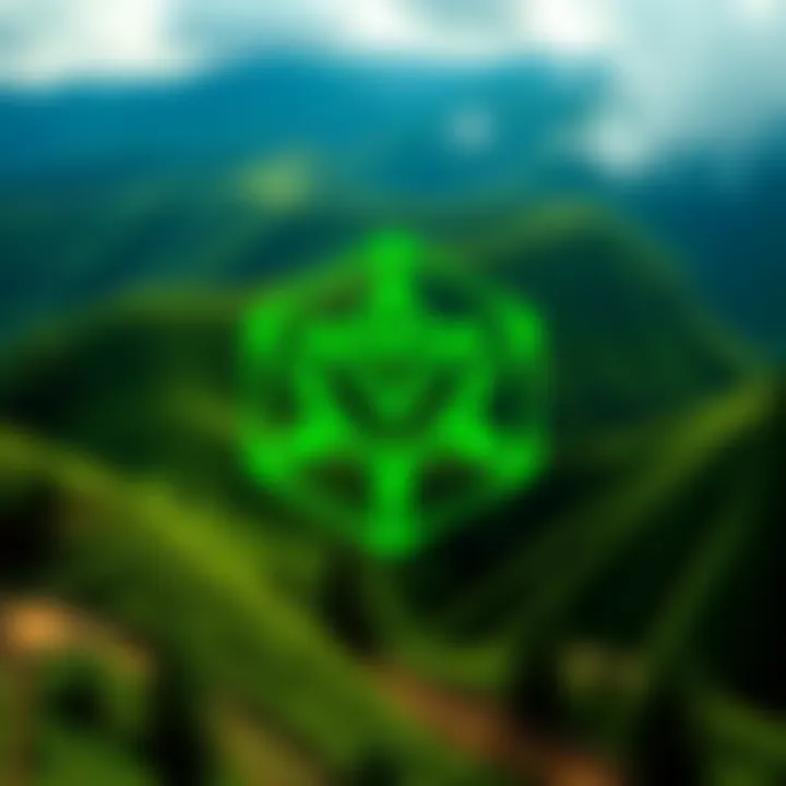 The Cardano logo in front of a green landscape, symbolizing environmental impact and technology.