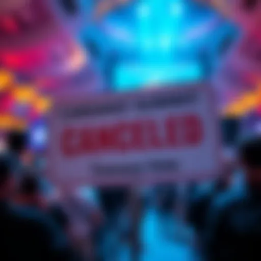 A graphic showing a canceled event sign for the Cardano Summit, indicating a failed treasury vote, with a background of concerned community members.