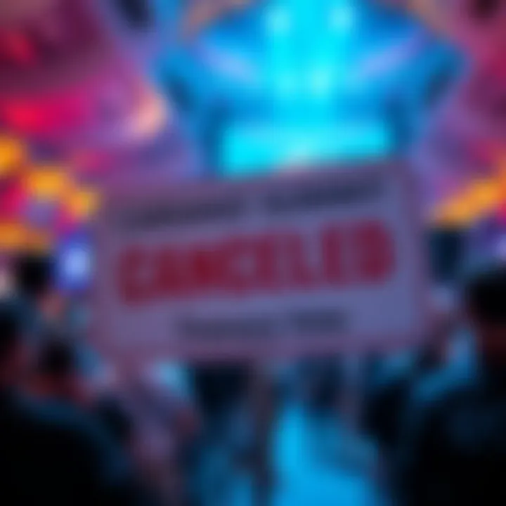 A graphic showing a canceled event sign for the Cardano Summit, indicating a failed treasury vote, with a background of concerned community members.