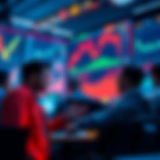 A group of traders discussing Cardano market trends, with charts and graphs in the background