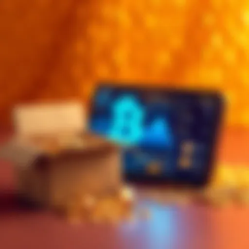 A visual comparison of cardboard gold and digital currency, showing a cardboard box filled with gold-like materials next to a digital currency symbol on a screen.