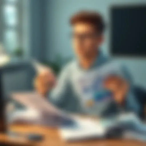 A 24-year-old person sitting at a desk, looking at career brochures and financial documents, reflecting on the choice between studying MBBS in Russia and preparing for the CAT exam, with a concerned e...