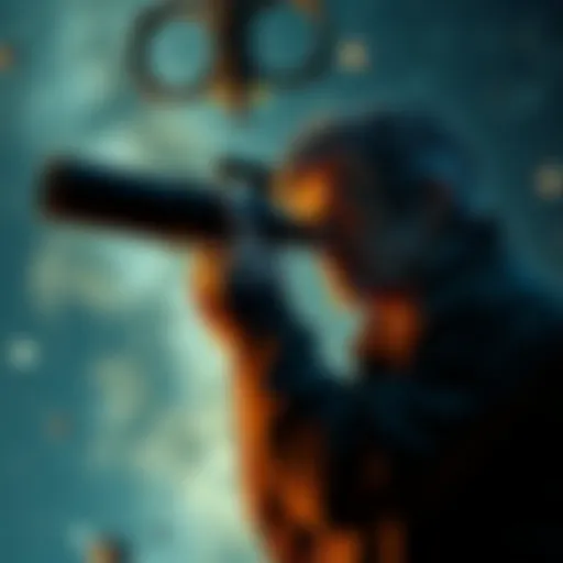Carl Sagan with a telescope Carl Sagan looks through a telescope, pondering questions about the universe and belief.