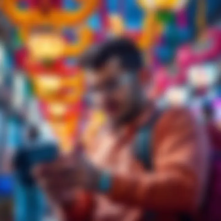 Carnaval Fraud Dispute A traveler looking at a smartphone, discussing a bank app issue, with Carnaval decorations in the background